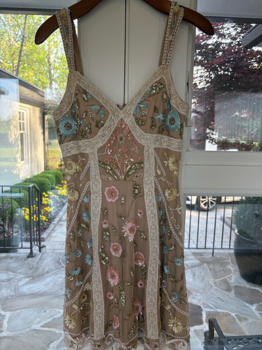 Sherri Hill Beige Floral Beaded Embroidered Dress